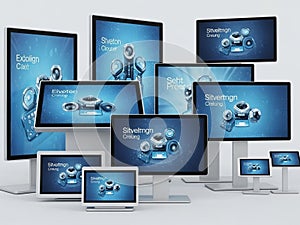 Collection of electronic devices isolated on white background