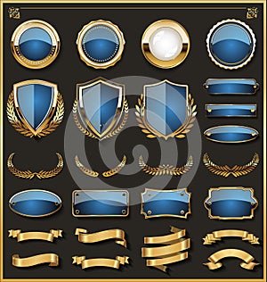 Collection of elegant blue and golden badges and labels design elements
