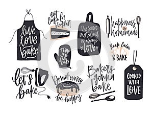 Collection of elegant lettering written with cursive font decorated with cooking or baking design elements. Bundle of