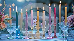 A collection of elegant taper candles in various jewel tones casting a romantic aura over a dinner table photo