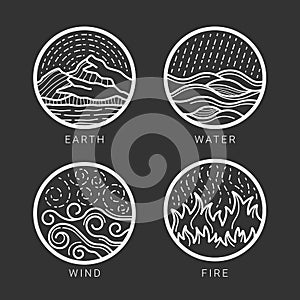 Collection of 4 element earth, water , wind , fire with white abstract circle line border sign on black background vector photo