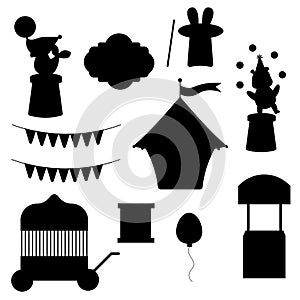 Collection of elements circus silhouette. Tent, hare in a hat, fur seal, garland, ball, bear, ticket office