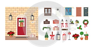 Collection of elements for decorating front door. Set includes Christmas tree, wreath, street lights, signs, garland