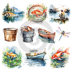 Collection of elements for fishing. Vintage fishing watercolor illustration set of elements