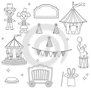 Collection of elements outline circus. Tent, clown, doll, elephant, garland, carousel, hare