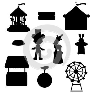 Collection of elements pink circus silhouette. Tent, toy, carousel, tickets