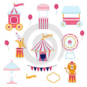 Collection of elements pink circus. Tent, clown, ticket office, lion