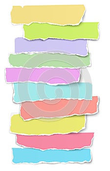 Collection of elongated torn color paper scraps placed on white background