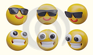 Collection with emojis in different positions. Smiling emoticon in glasses and yellow face