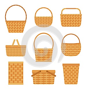 Collection of empty baskets, isolated on white background.