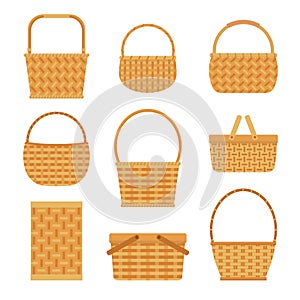 Collection of empty baskets, isolated on white background.