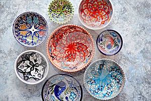 Collection of empty moroccan colorful decorative ceramic bowls