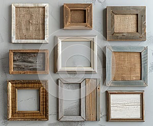 A collection of empty picture frames with varying textures and materials is carefully arranged in an overhead flat lay