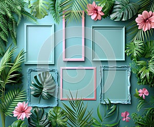 A collection of empty pink and blue picture frames arranged in a creative flat lay among vibrant tropical leaves.