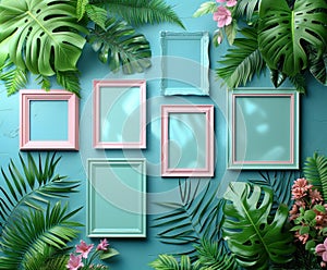 A collection of empty pink and blue picture frames arranged in a creative flat lay among vibrant tropical leaves.