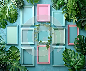 A collection of empty pink and blue picture frames arranged in a creative flat lay among vibrant tropical leaves.