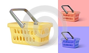 Collection of empty shopping basket. Online store. Realistic shopping cart isolated on white background. Vector illustration