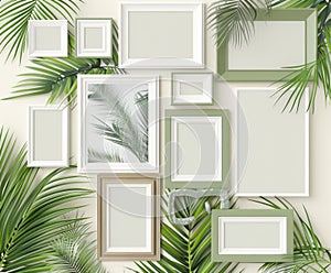 A collection of empty white picture frames of various sizes arranged haphazardly on a bed of lush tropical leaves.