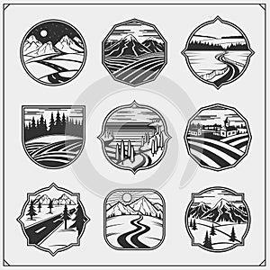 Collection engraving landscapes with rural, montain, night landscape. Fields, meadows and village.