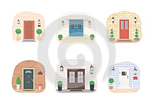 Collection of entrance doors with lanterns, plants, signs. Exterior concept for house entrances