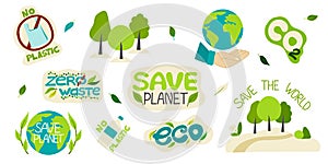 Collection of environmental illustrations with slogans-zero waste, waste recycling, ecology, save the planet, save the world