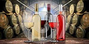 Collection of equisite red white and rose wine bottle glasseson wooden table in front of old rustic winery cellar background