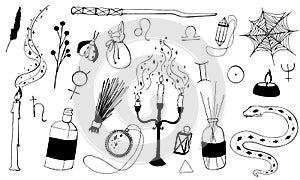 Collection of esoteric paraphernalia. Set of Magical Isolated Elements. Vector illustration