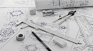 Engineering Blueprints and Drafting Tools with Precision Instruments