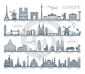 Collection of Europe detailed silhouettes. Set Travel Landmarks. vector illustration