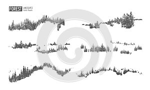 Collection of evergreen forest landscapes with silhouettes of coniferous trees growing on hills hand drawn in black and