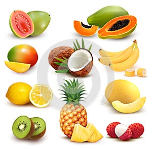 Collection of exotic fruit and berries. Papaya, guava, limon, banana, mango, coconut, kiwi, guava, melon, lychee, pineapple. photo