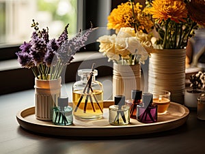 A collection of fall scent aroma diffusers on a wooden tray.