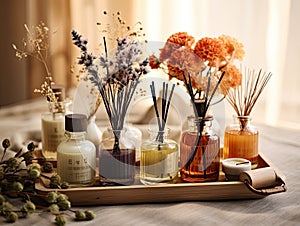 A collection of fall scent aroma diffusers on a wooden tray.