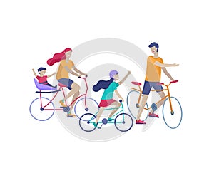 Collection of family hobby activities. Mother, father and children riding bikes, walking, roller skating, play to ball