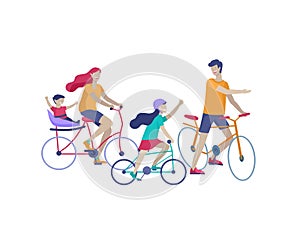 Collection of family hobby activities. Mother, father and children riding bikes, walking, roller skating, play to ball and dansing