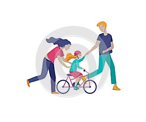 Collection of family hobby activities. Mother, father and children teach daughter to ride bike together. Cartoon vector