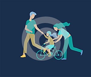 Collection of family hobby activities. Mother, father and children teach daughter to ride bike together. Cartoon vector