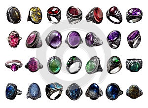 collection of fantasy rings. precious stones and metals. transparent PNG. Medieval, fantasy, magical.