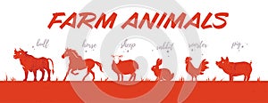 Collection of farm animals livestock red colored textured silhouettes in row isolated on white background.