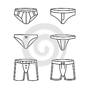 Collection fashion lingerie. Underpants outline sketch set. Woman and men underpants. Classic boxers, trunks, bikini