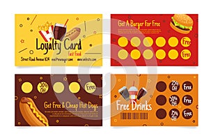 Collection fast food and drinks loyalty card collect sticker stamp for free vector illustration