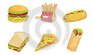Collection of Fast Food, Takeaway Street Food Dishes, Burger, French Fries, Hot Dog, Sandwich, Pizza, Shawarma, Vector