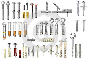 Collection of fasteners: metal expansion anchors and plastic plugs