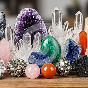 The collection features an amethyst geode clear quartz points a pink rose