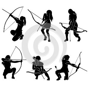 Collection of female archer warrior silhouette vector collection on white background