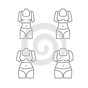Collection of female body types. Set of thick and thin figures. Thin line icons. Vector illustration. Flat style design.