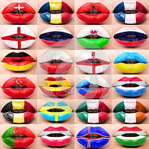 Collection of Female lips close up with a picture flags europe