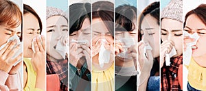 Collection of female patient using  tissue to sneeze and blowing her nose