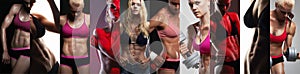 Collection of female sport bodies. Collage muscular girls