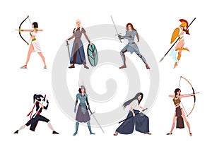 Collection of female warriors from Scandinavian, Greek, Egyptian, Asian mythology and history. Set of women wearing